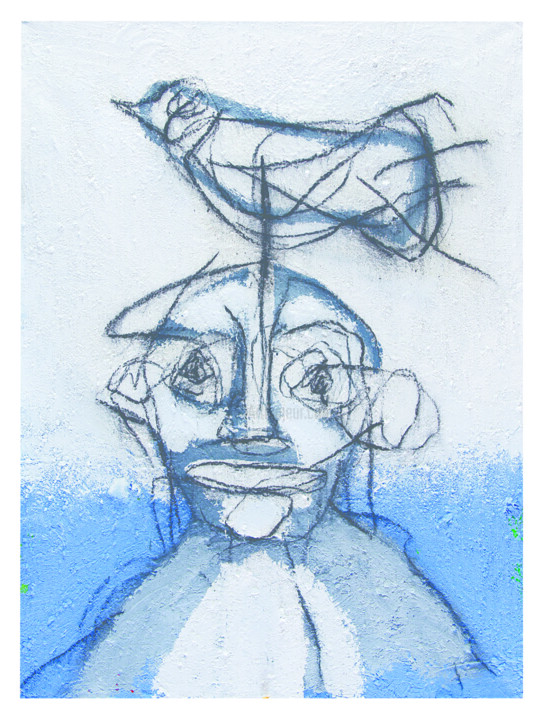 Hombre con pájaro 1. - Man with bird 1. 绘画, 51.2x38.2 in
