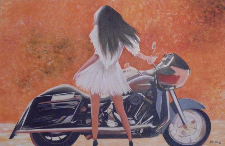 Painting titled "BIKERGIRL" by Liubov Aristova, Original Artwork, Oil