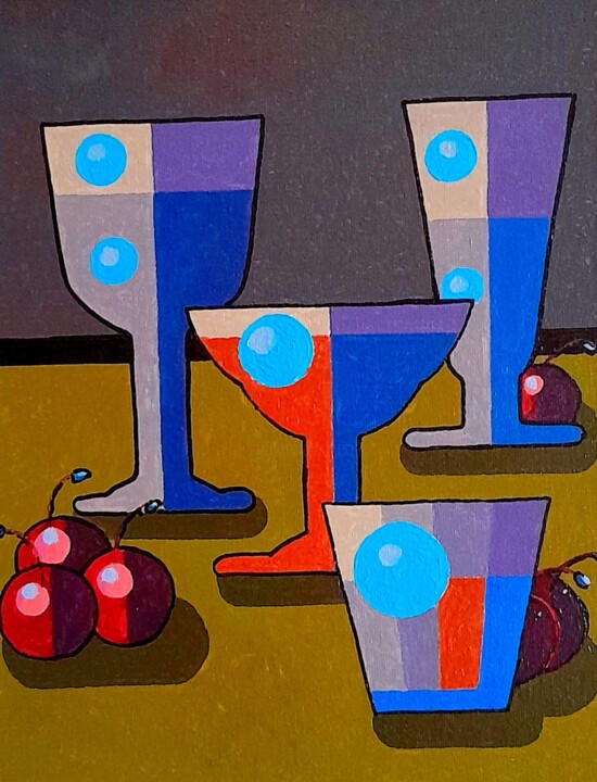 Des verres et des cerises . Nature morte , pop art . 绘画, 11.8x9.5 in