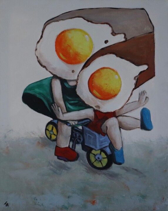 Malerei mit dem Titel "Egg girls riding a…" von Ta Byrne, Original-Kunstwerk, Öl