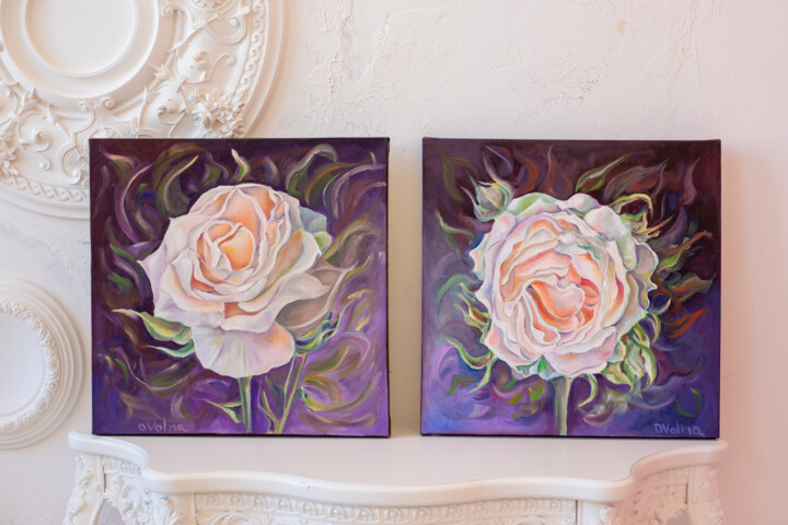 Diptych Roses on Black 绘画, 19.7x39.4 in