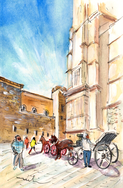 Horse Carriages In Palma De Mallorca 绘画, 8.3x5.1 in