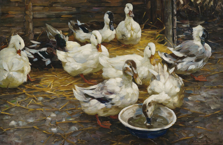Painting titled "Canards dans la pai…" by Alexander Koester, Original Artwork, Oil