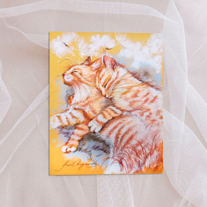 Cats drawing on paper, Pastel painting 图画, 7.9x11.8 in