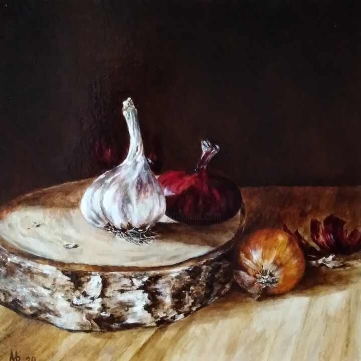 Still life with garlic and onion 绘画, 9.8x9.8 in