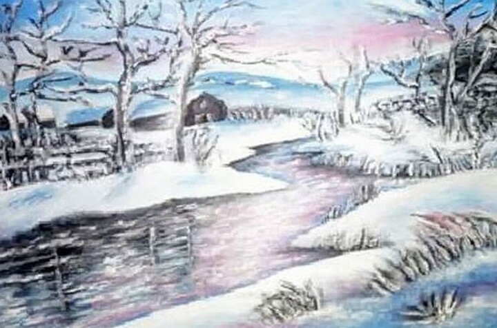 River in snow 绘画, 7.9x11.8 in