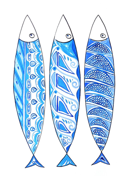 Malerei mit dem Titel "sardines sur papier…" von Anne Cabon, Original-Kunstwerk, Acryl