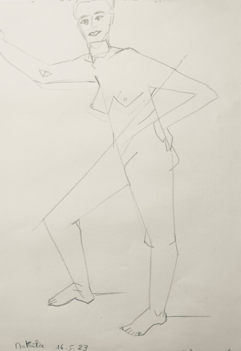 "Nue féminin debout de face" (redessinée à 'encre de chine) 图画, 15.8x11.6 in