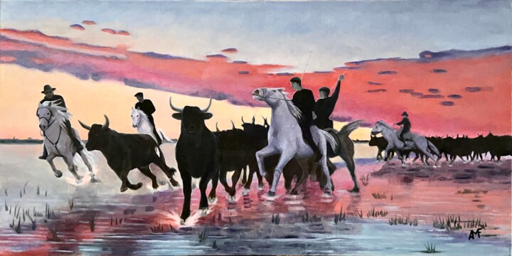 Peinture intitulée "Tri des taureaux au…" par Arnaud Feuga, Œuvre d'art originale, Huile Monté sur Châssis en bois