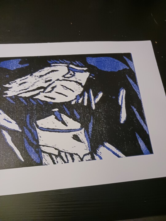 Printmaking titled "Oiseau perché" by Myriam Rouffiange, Original Artwork, Linocuts