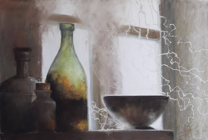 Vieilles bouteilles et bol 绘画, 12.8x19.1 in