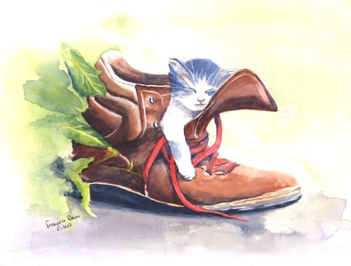 Peinture intitulée "Chaton dormant dans…" par Françoise Renou, Œuvre d'art originale, Aquarelle