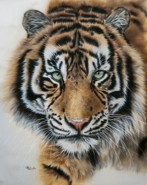 King – Tiger portrait painted on silk 绘画, 26.4x20.5 in