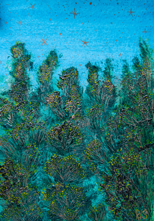 TEXTURE OF THE FOREST, textured postcard, small art, green 绘画, 7.4x5.1 in