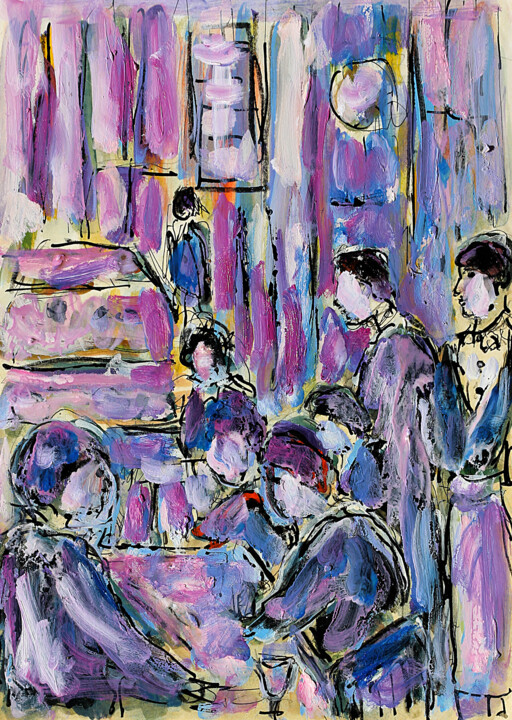 Peinture intitulée "Serveurs en salle" par Jean Mirre, Œuvre d'art originale, Huile