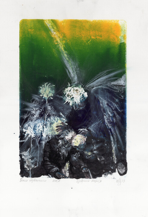 God's dandelions - original monotype and oil pastel 印花与版画, 16.5x11.4 in