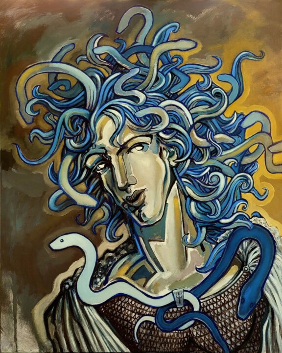 Ζωγραφική με τίτλο "Medusa II" από Pascal Buffard, Αυθεντικά έργα τέχνης, Λάδι Τοποθετήθηκε στο Ξύλινο φορείο σκελετό