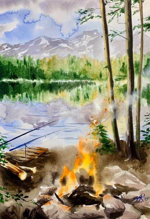 Forest Bonfire 绘画, 15.8x11 in