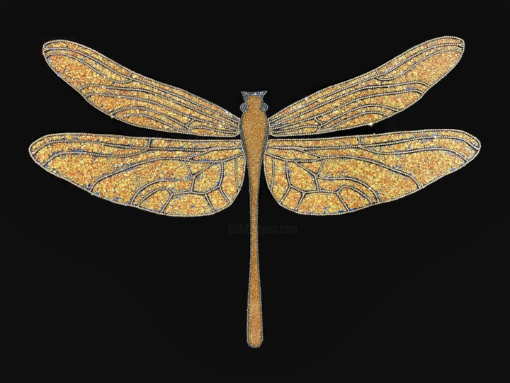 Картина Золотая стрекоза Libellula golden dragonfly 绘画, 26x34.7 in