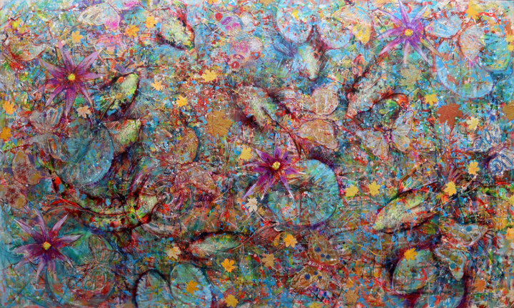 Koi and Butterfiles 绘画, 35.4x59.1 in