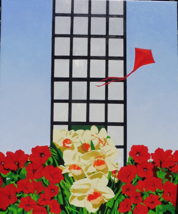 Painting titled "Espace printanier" by Françoise Clercx, Original Artwork, Oil Mounted on Wood Stretcher frame