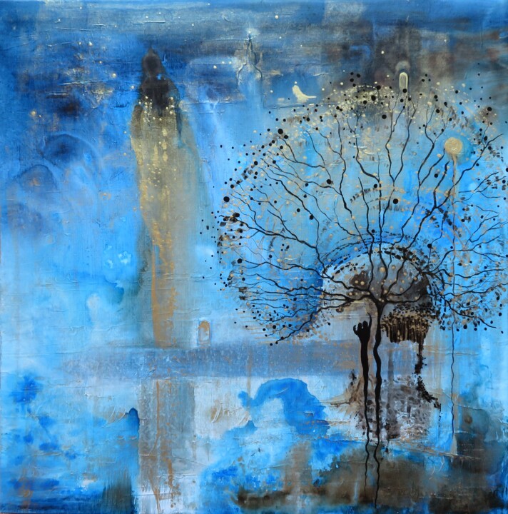 Prélude à la vie - paysage à l'arbre-feu Painting, 19.7x19.7 in