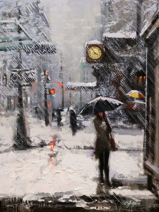 White Snow and Macy's Yellow Clock 绘画, 40x30 in
