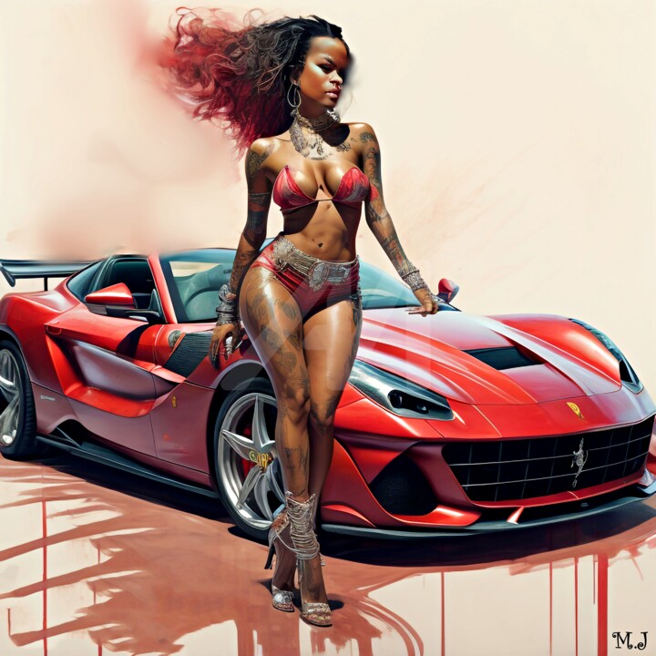 Beautiful young woman posing in front of a Ferrari n2 数字艺术