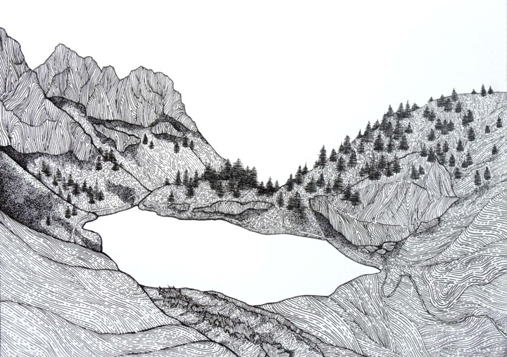Drawing titled "Lac d'Arvouin 2.0,…" by Margot Thuy, Original Artwork, Marker