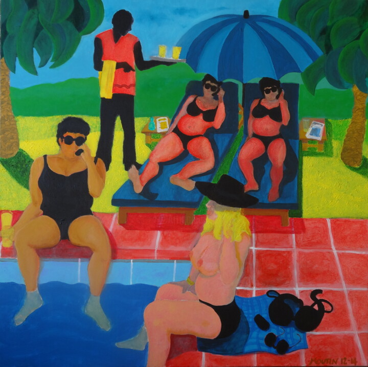 Peinture intitulée "Femmes à la piscine" par Bernard Moutin, Œuvre d'art originale, Acrylique