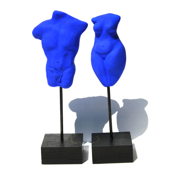 Couple antique céramique bleu vif 雕塑, 9.8x7.1 in