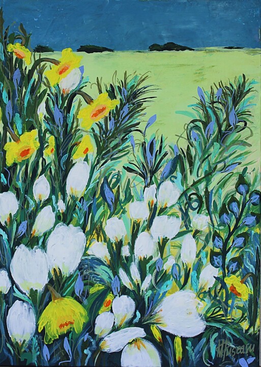 Painting titled "Flower painting - L…" by Marinela Puscasu, Original Artwork, Acrylic Mounted on Wood Stretcher frame