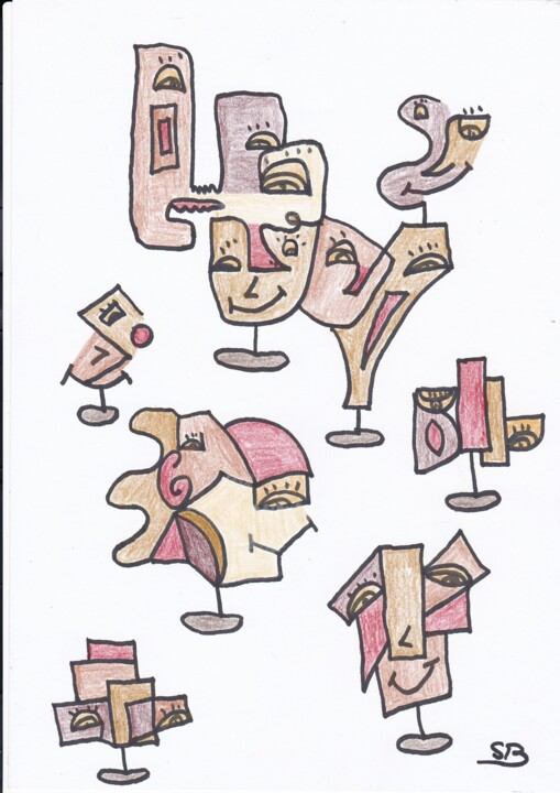 Peinture intitulée "figurines à visages…" par Balavoine Sophie, Œuvre d'art originale, Pastel