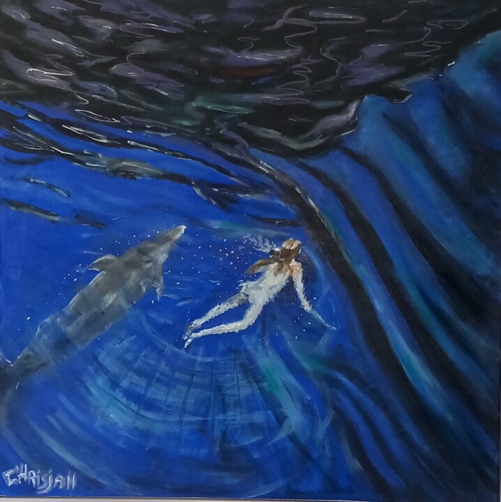 LA NAGEUSE ET LE DAUPHIN 绘画, 31.5x31.5 in