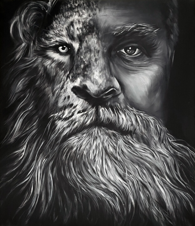 Картина маслом двойной портрет льва и мужчины. Лев lion 绘画, 31.5x27.6 in