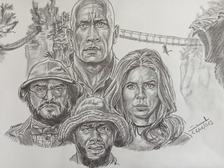 Illustration du film Jumanji Next Level réalisé aux crayons 图画, 11.7x16.5 in