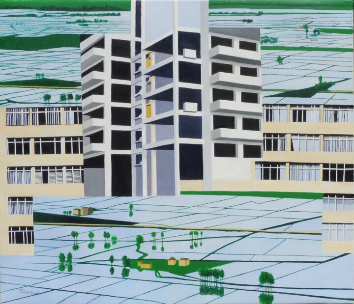 Painting titled ""Bétonnage"" by Françoise Clercx, Original Artwork, Oil Mounted on Wood Stretcher frame