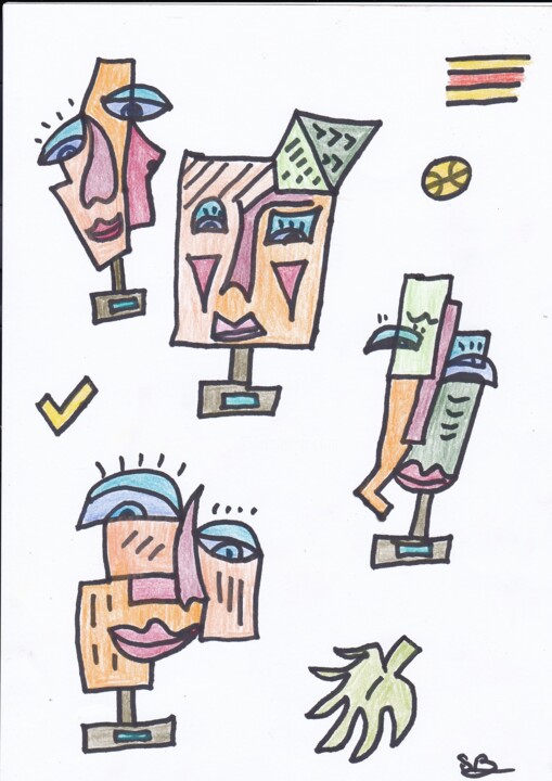 Peinture intitulée "Figurines à visages…" par Balavoine Sophie, Œuvre d'art originale, Pastel