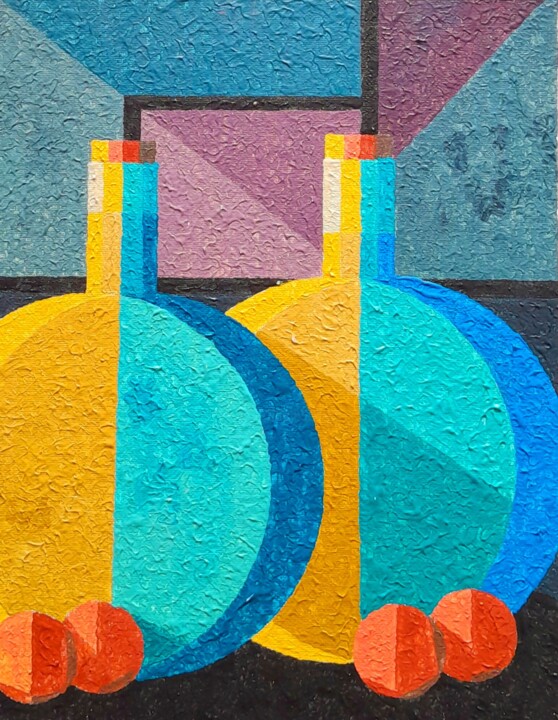 Nature morte colorée , peinture de bouteilles et de billes . 绘画, 11.8x9.5 in
