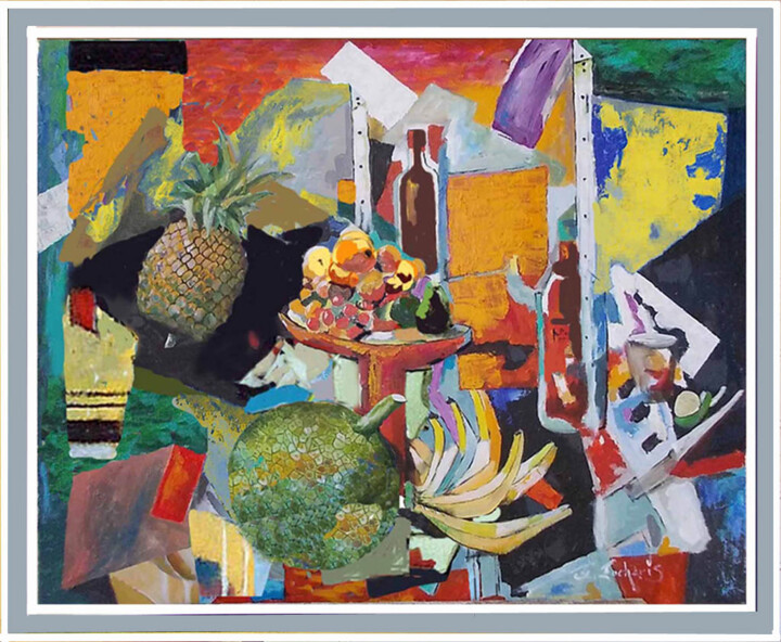 nature morte à l'ananas et au fruit à pain 绘画, 23.6x28.7 in