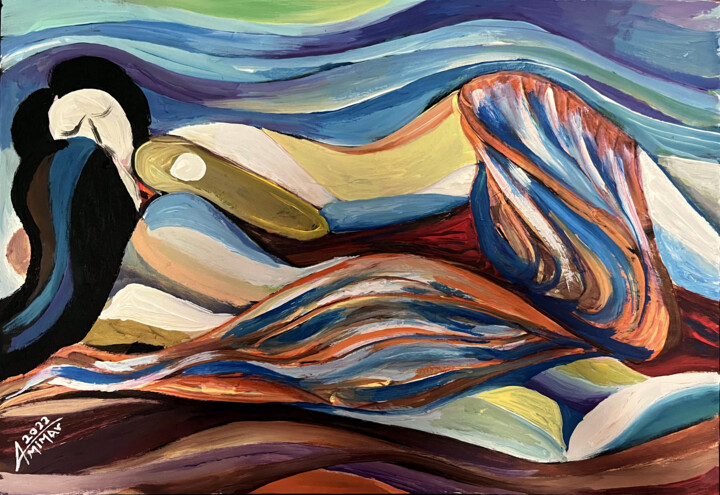 Peinture intitulée "SPEECH AT THE BEACH" par Ahmet Mimar, Œuvre d'art originale, Acrylique Monté sur Châssis en bois