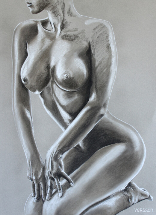 Femme sensuelle à genou 绘画, 27.6x19.7 in