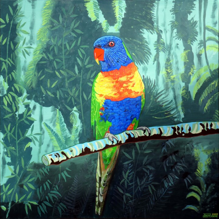 Loriquet arc en ciel, jungle monochrome 绘画, 39.4x39.4 in