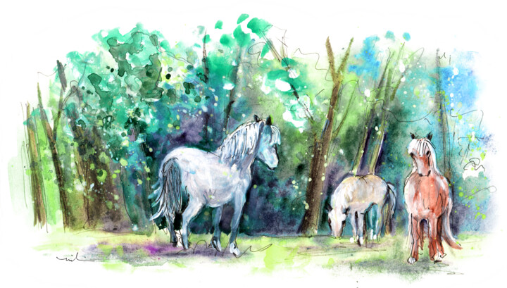 Horses in Betws-y-coed In Snowdonia 绘画, 5.9x11.8 in