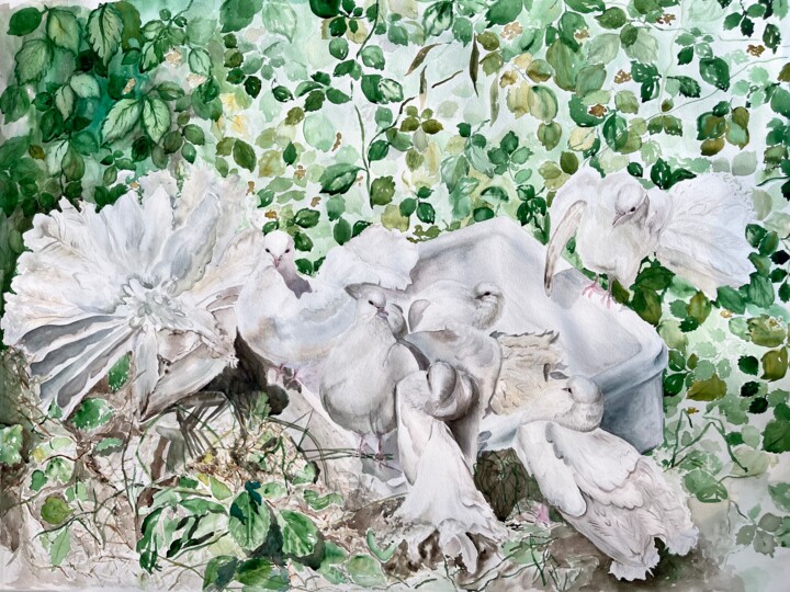 Painting titled "Doves in the both" by Alina Buslova, Original Artwork, Watercolor
