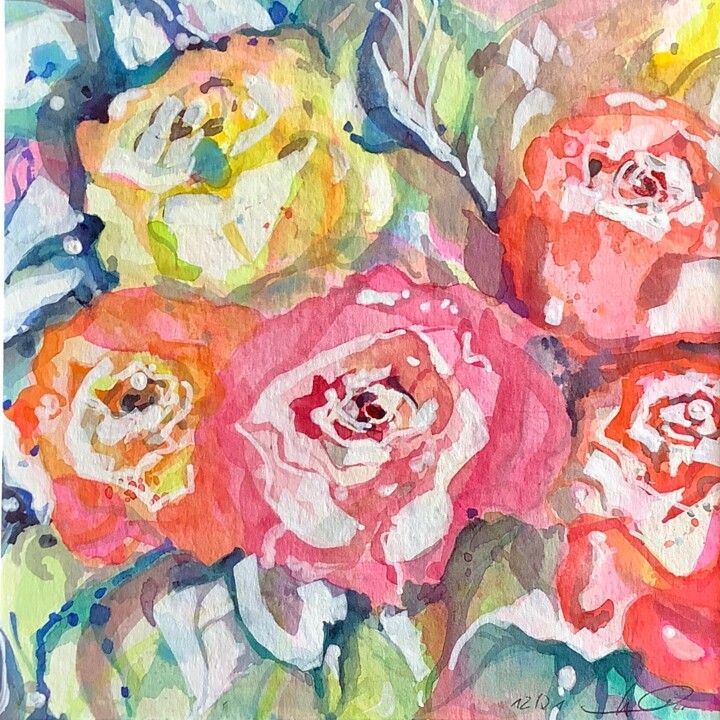 Painting titled "Rosenblüten" by Lyndwoorm, Original Artwork, Watercolor