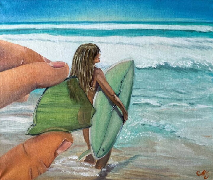 Ζωγραφική με τίτλο "Lady surf the ocean" από Mkate, Αυθεντικά έργα τέχνης, Λάδι Τοποθετήθηκε στο Ξύλινο φορείο σκελετό