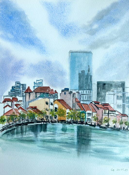 Shophouses Bar Restaurants Along the Vibrant Singapore River Pittura, 12,2x9,1 in