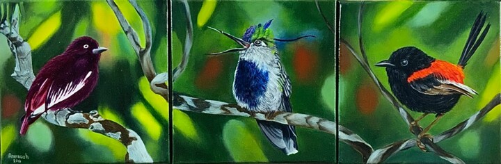 Painting titled "Le chant des oiseaux" by Anerosh, Original Artwork, Oil Mounted on Wood Stretcher frame