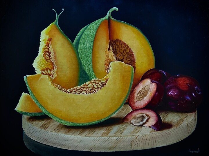 Melon et prunes 绘画, 18.1x24 in